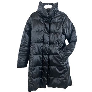 Lands' End Women M 10-12 Black Satin Down Puffer Jacket Knee Length Full Zip EUC